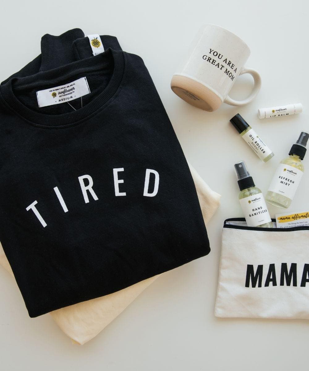 Sunflower Motherhood Newborn Daze Bundle - Tired Sweatshirt, Great Mom Mug & Mama Pouch