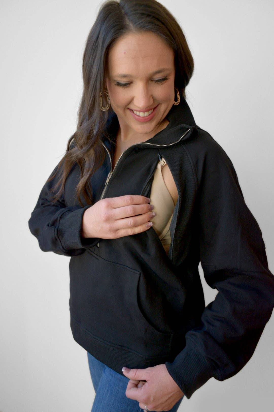 Oversized Funnel Neck Three Zip Breastfeeding Sweatshirt