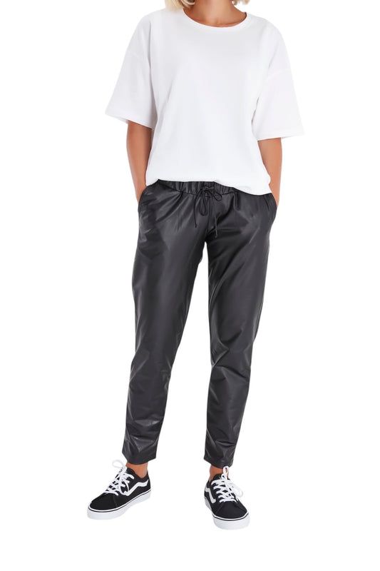 Accouchée Comfy Cool Foldover Waistband Faux Leather Maternity Jogger Pants