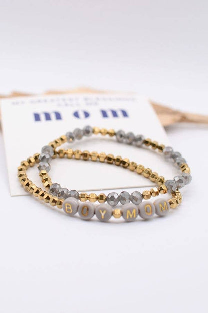 Boy Mom Gold & Gray Beaded Stretch Stack