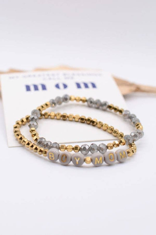 Boy Mom Gold & Gray Beaded Stretch Stack