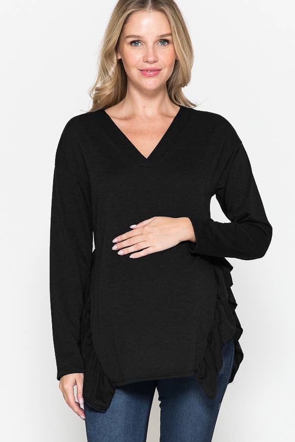 Maternity V-Neck Frill Ruffle French Terry Solid Basic Top