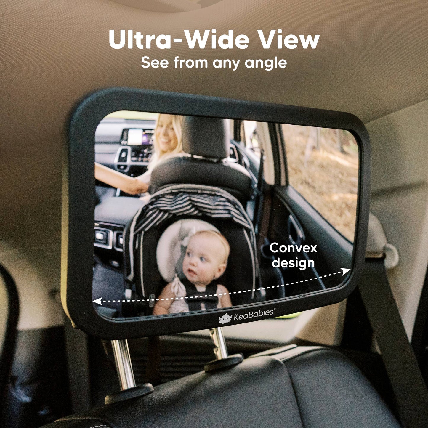 Car rearview mirror with convex design showing a baby in a car seat, mounted on a car's interior.