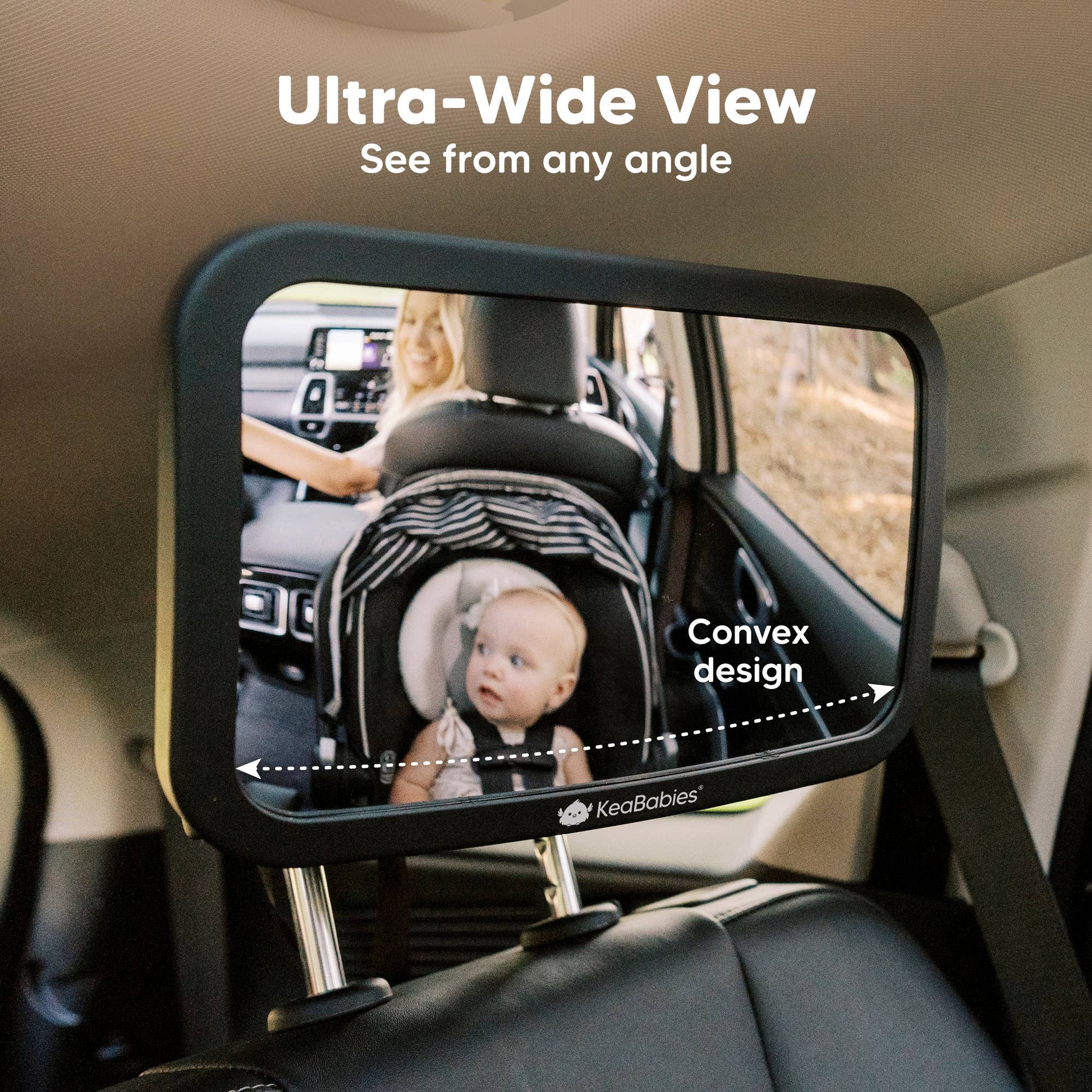 Car rearview mirror with convex design showing a baby in a car seat, mounted on a car's interior.