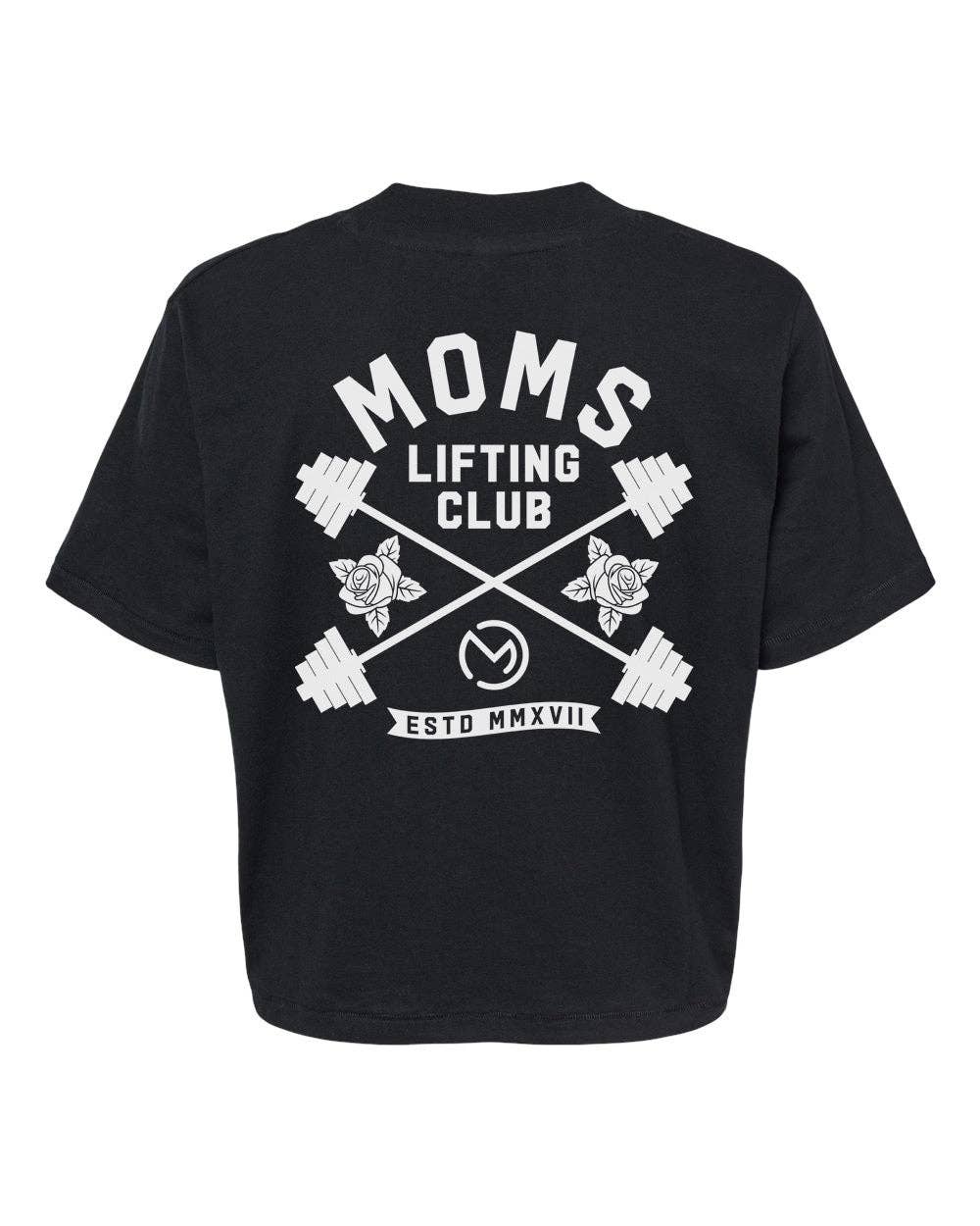 Black t-shirt with 'Moms Lifting Club' graphic on a white background