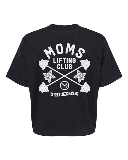 Black t-shirt with 'Moms Lifting Club' graphic on a white background