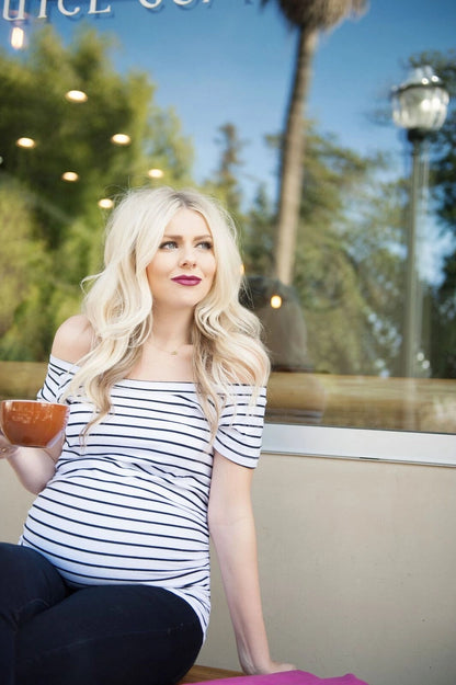 White Striped Off-The-Shoulder Maternity Shirt