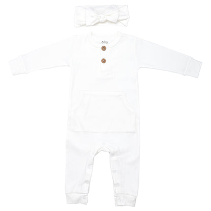 Three Little Tots White Baby Ribbed Playsuit with Pockets