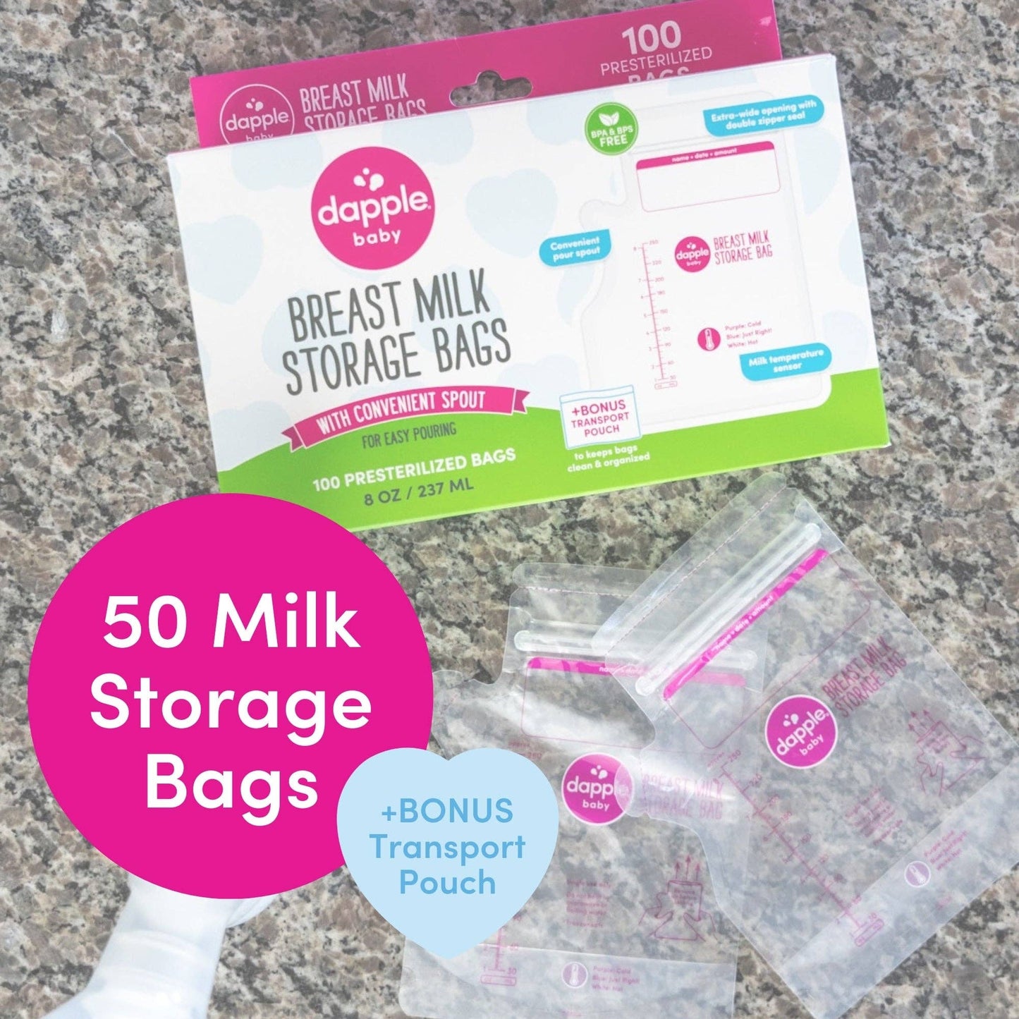Dapple Baby Breast Milk Storage Easy Pour Bags, 50ct