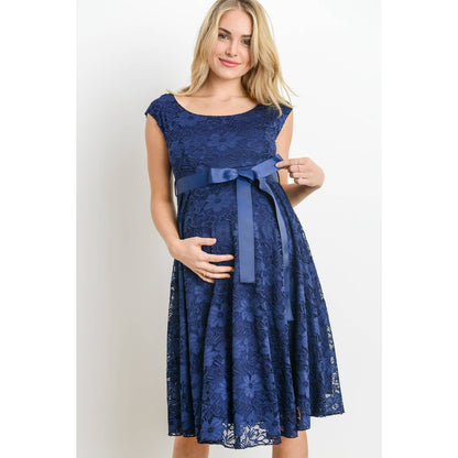 Floral Lace Satin Waist Tie Maternity Dress