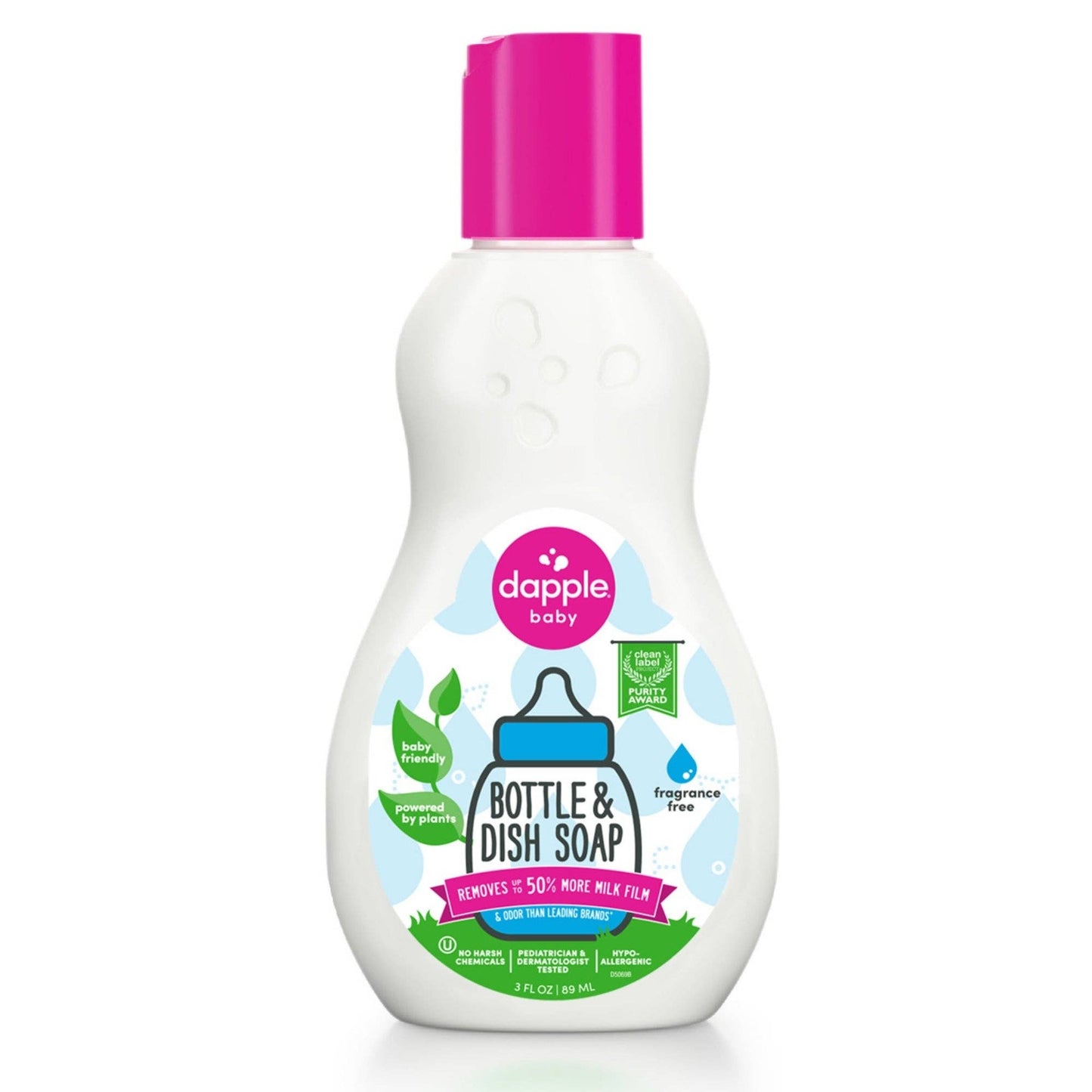 Bottle of Dapple Baby bottle and dish soap with a pink cap on a white background