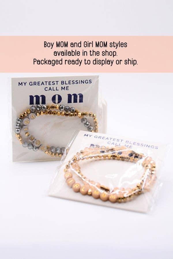Boy Mom Gold & Gray Beaded Stretch Stack
