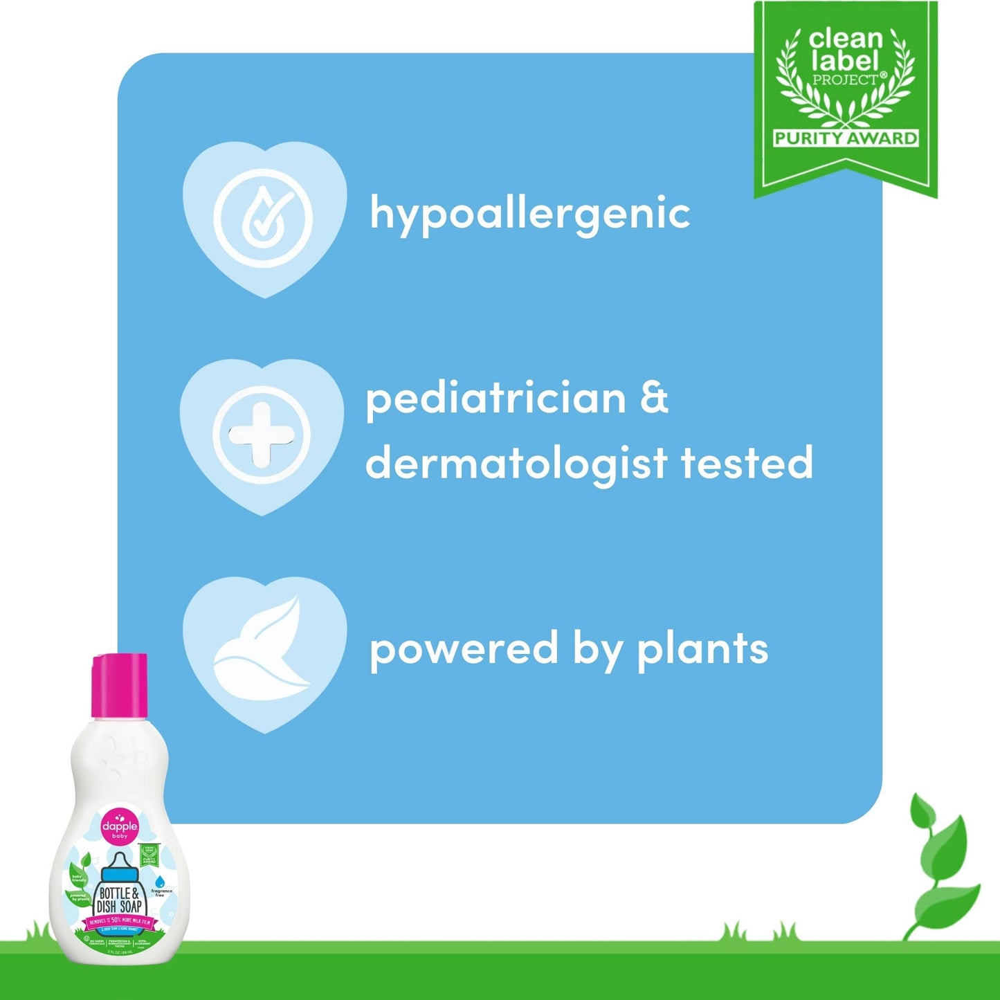 Product with hypoallergenic, pediatrician & dermatologist tested, and powered by plants features on a blue background.