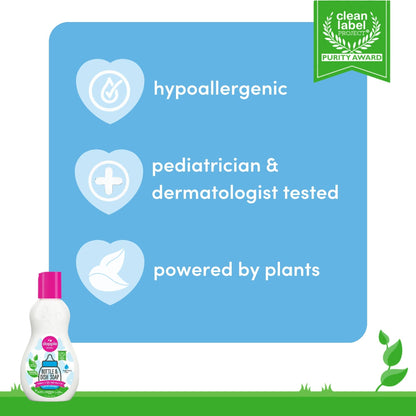 Product with hypoallergenic, pediatrician & dermatologist tested, and powered by plants features on a blue background.