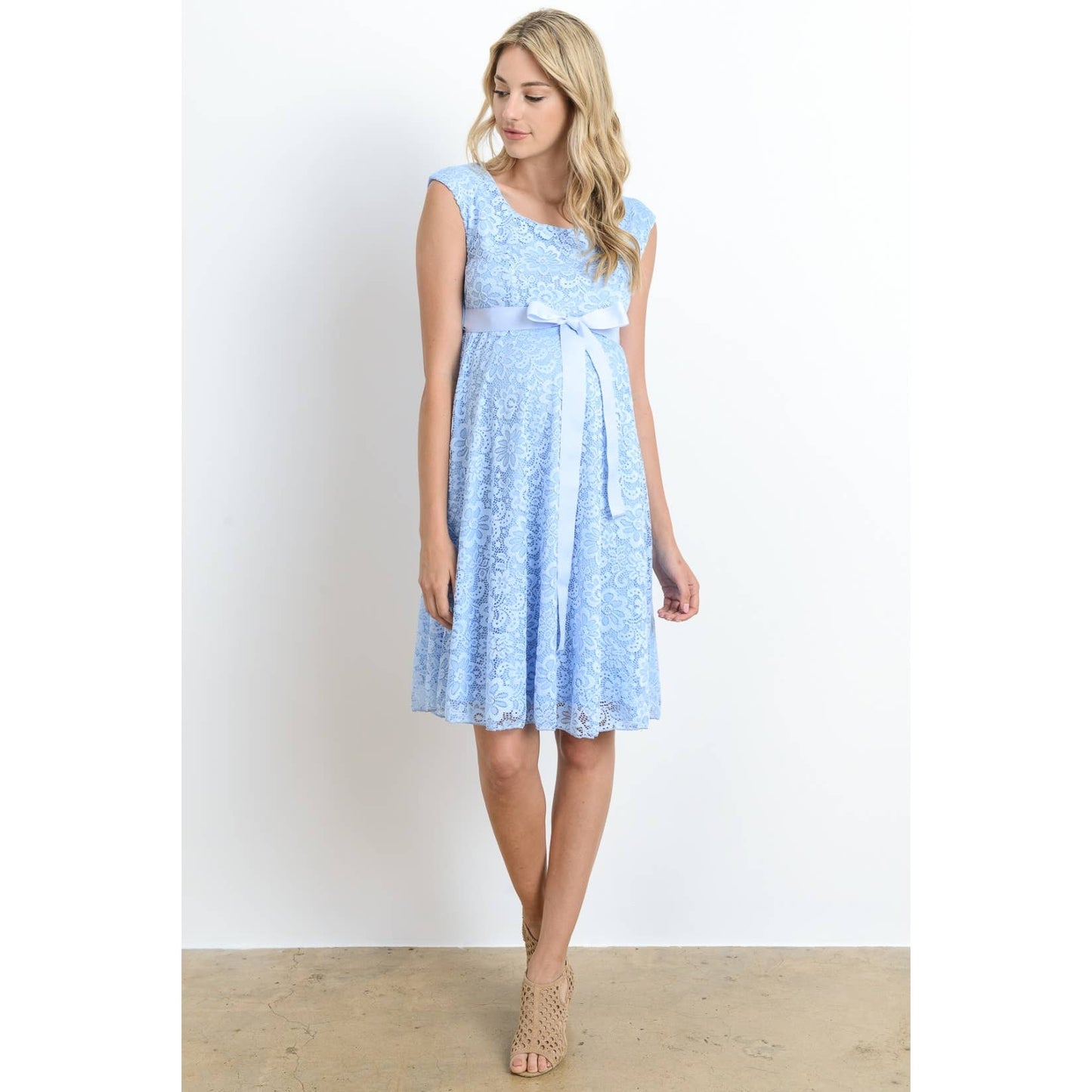 Floral Lace Satin Waist Tie Maternity Dress