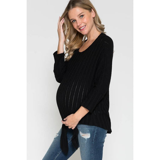 Round Neck Front Tie Ribbed Sweater