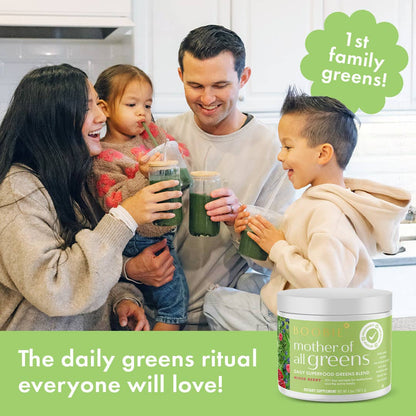 A family of four enjoying glasses of Boobie Superfoods Mother of All Greens drinks.