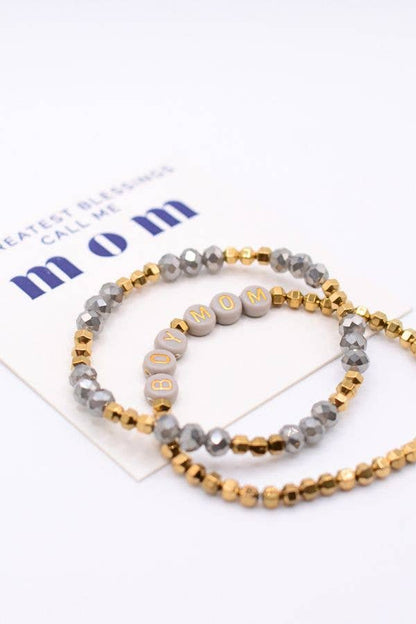 Boy Mom Gold & Gray Beaded Stretch Stack