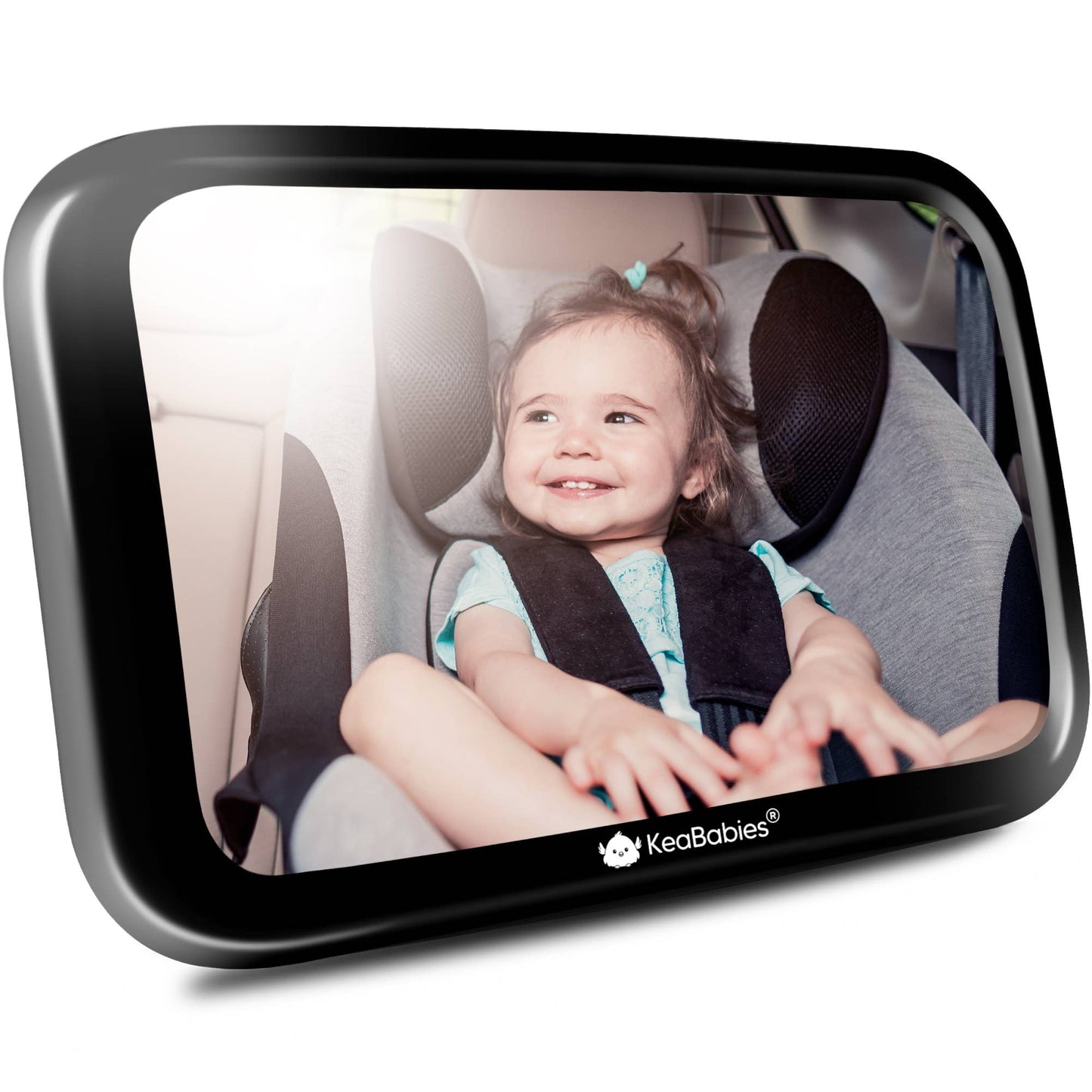 Child in a car seat with a backrest mirror showing the KeaBabies brand.