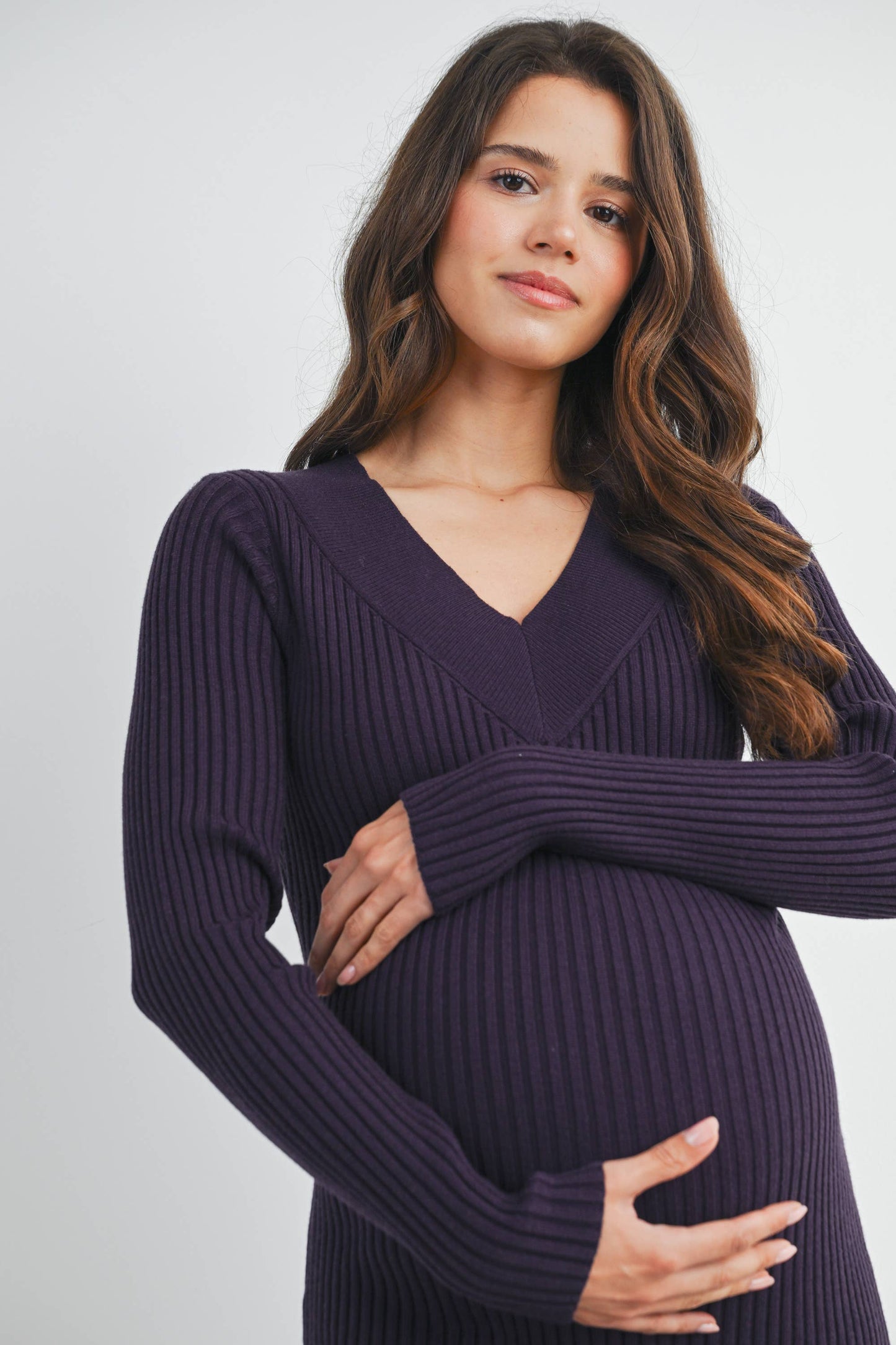 Ribbed V-Neck Long Sleeve Maternity Midi Dress