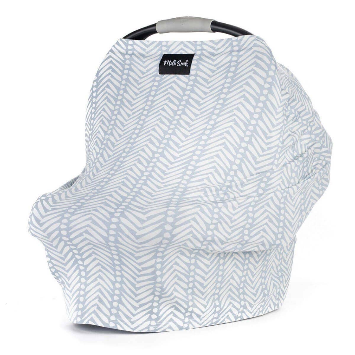 Baby car seat cover with chevron pattern on a white background