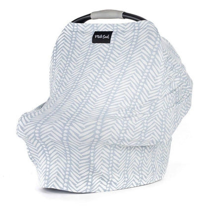 Baby car seat cover with chevron pattern on a white background