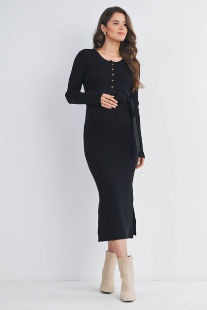 Ribbed Button Front Belted Maternity Midi Dress