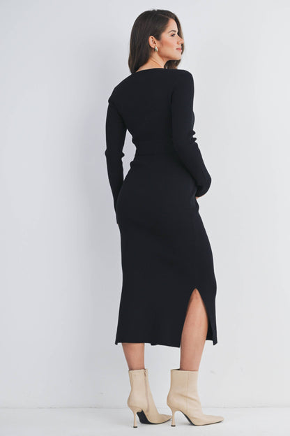 Ribbed Button Front Belted Maternity Midi Dress
