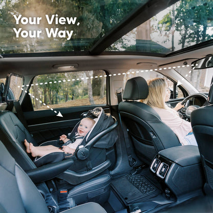 Car interior with a child in a car seat and a woman driving, with 'Your View, Your Way' text.