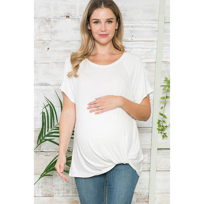 Maternity Basic Summer Crew Neck Solid Top with Front Knott