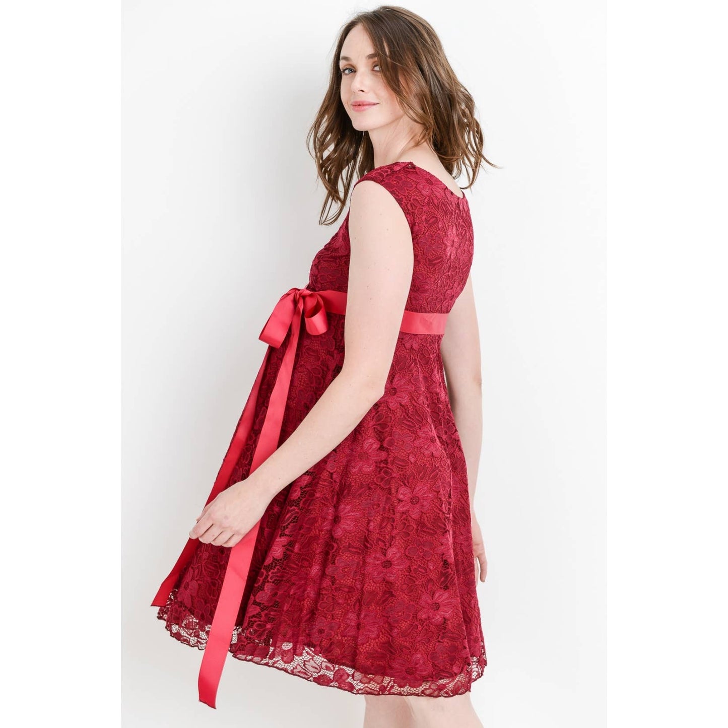 Floral Lace Satin Waist Tie Maternity Dress