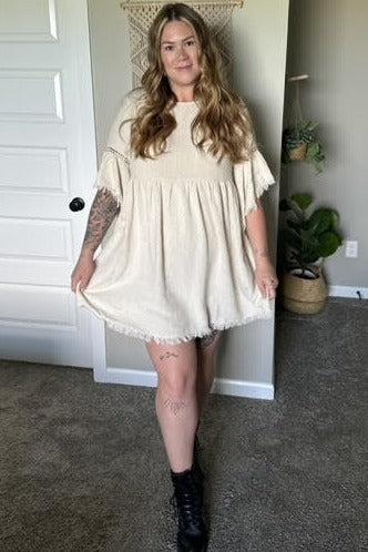 PinkBlush Beige Raw Edge Bell Sleeve Babydoll Dress