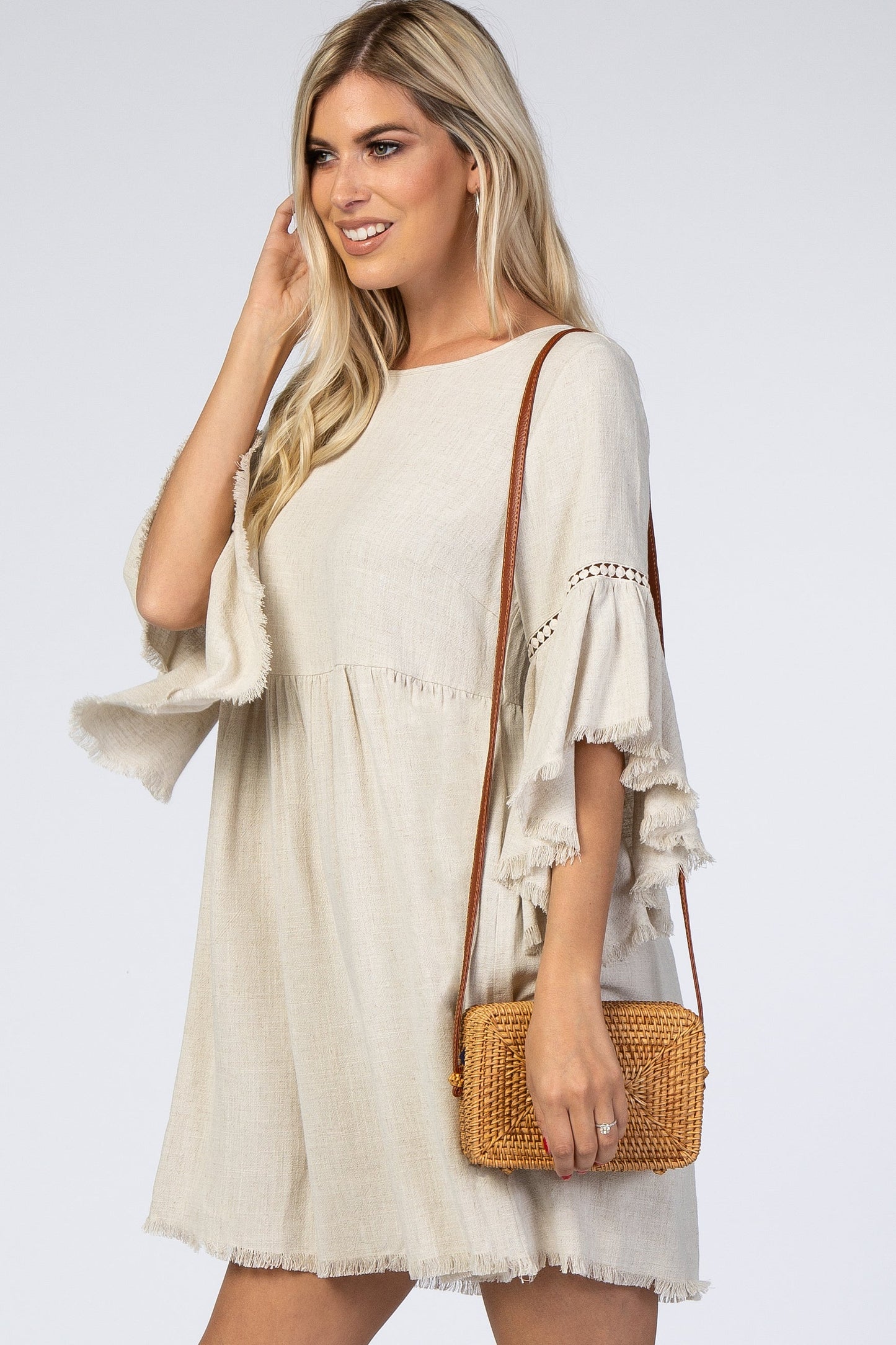 PinkBlush Beige Raw Edge Bell Sleeve Babydoll Dress