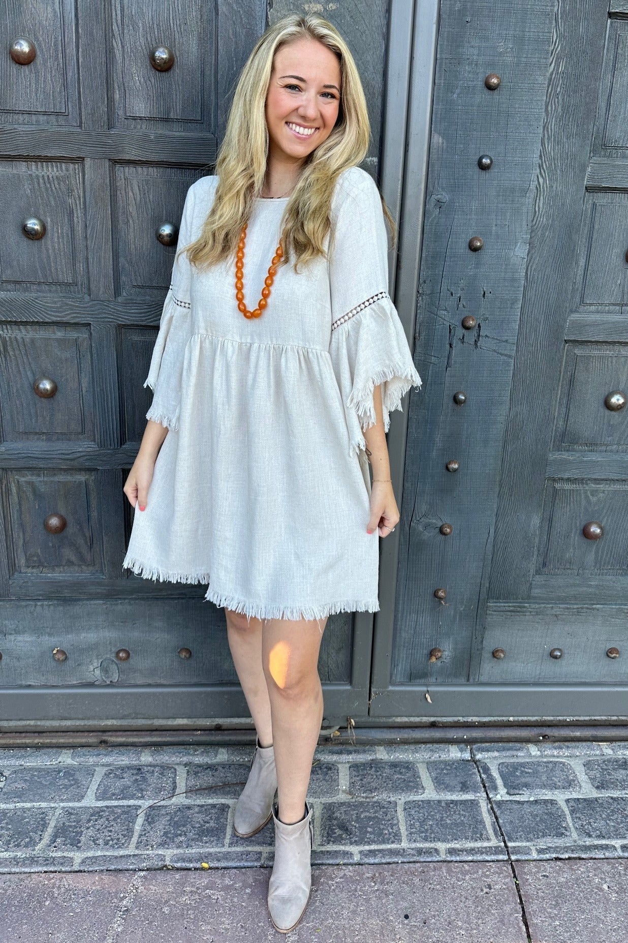 PinkBlush Beige Raw Edge Bell Sleeve Babydoll Dress