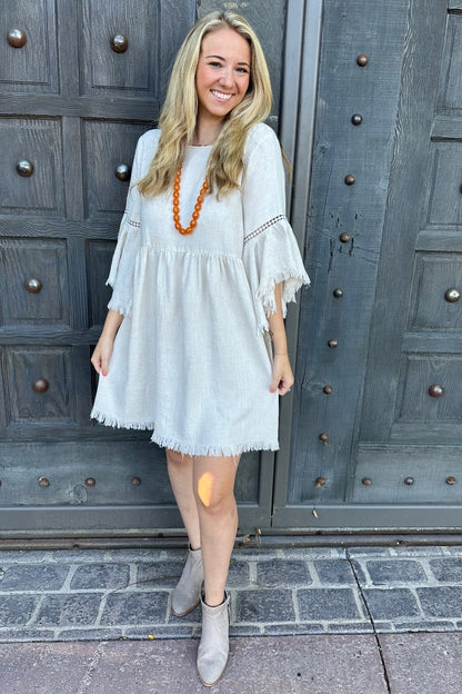 PinkBlush Beige Raw Edge Bell Sleeve Babydoll Dress