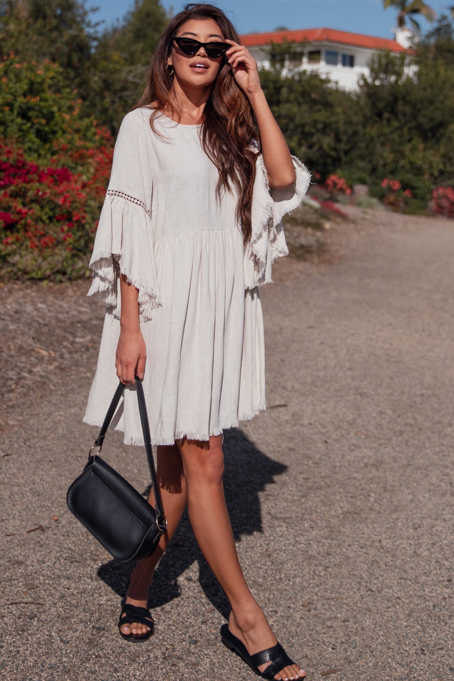 PinkBlush Beige Raw Edge Bell Sleeve Babydoll Dress