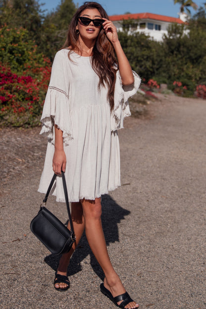 PinkBlush Beige Raw Edge Bell Sleeve Babydoll Dress
