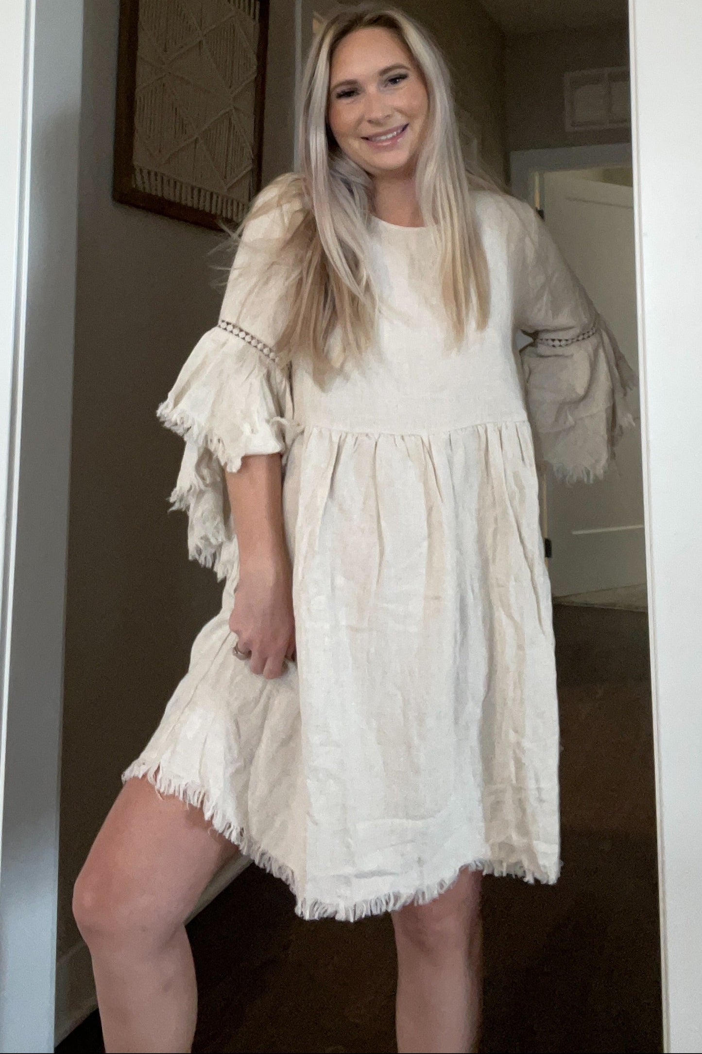 PinkBlush Beige Raw Edge Bell Sleeve Babydoll Dress