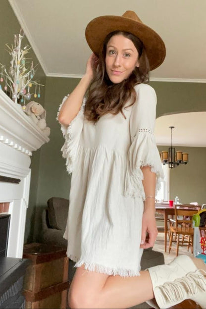 PinkBlush Beige Raw Edge Bell Sleeve Babydoll Dress