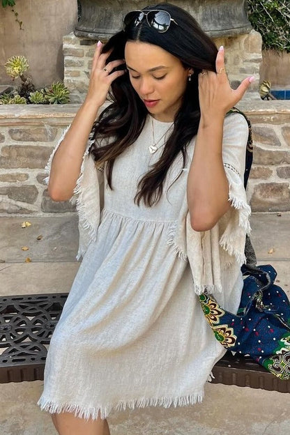 PinkBlush Beige Raw Edge Bell Sleeve Babydoll Dress