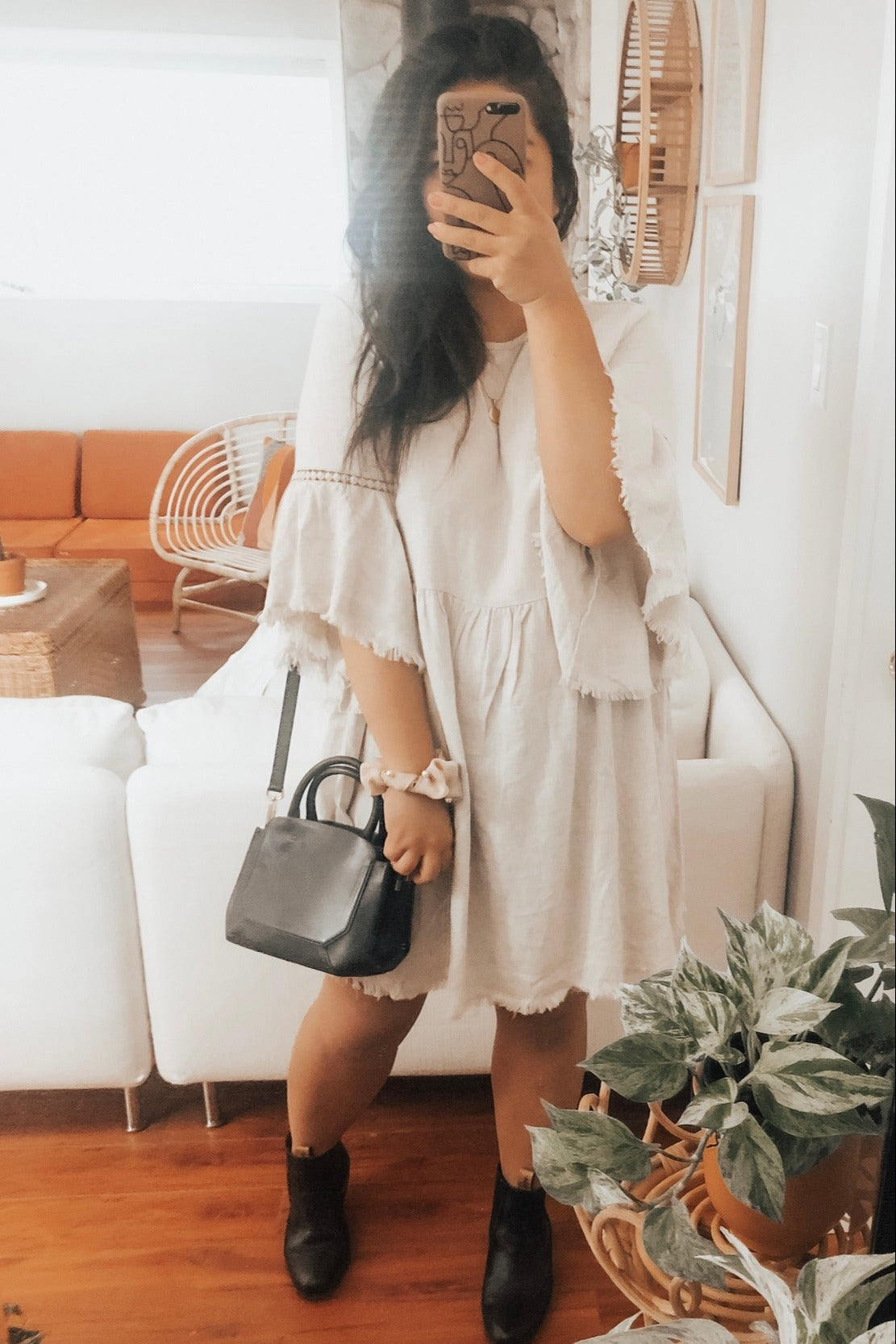 PinkBlush Beige Raw Edge Bell Sleeve Babydoll Dress
