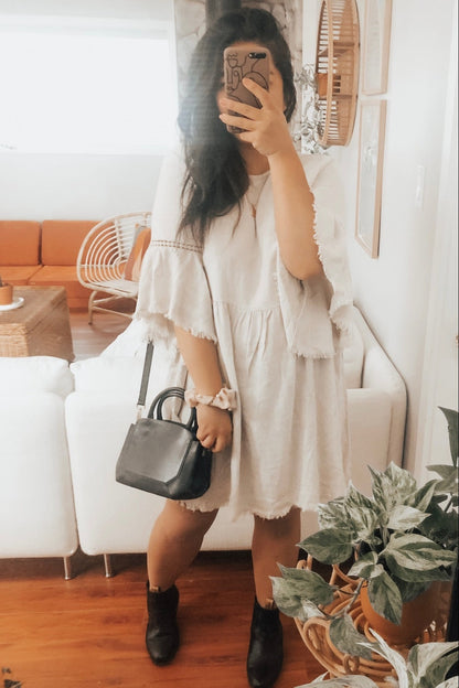 PinkBlush Beige Raw Edge Bell Sleeve Babydoll Dress