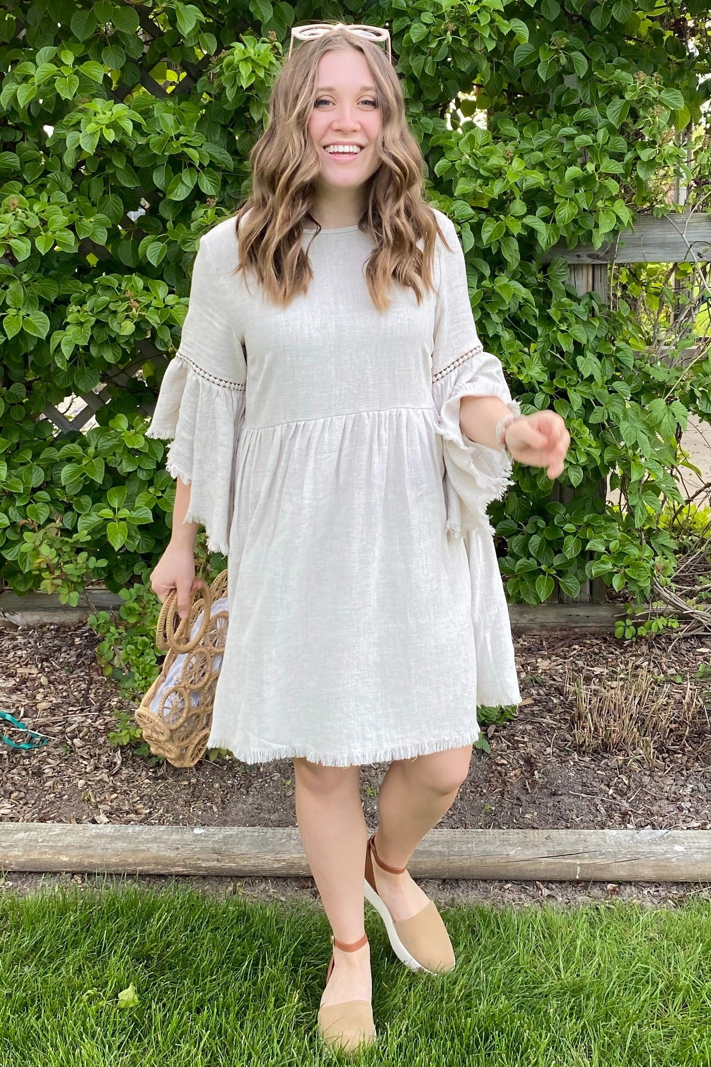 PinkBlush Beige Raw Edge Bell Sleeve Babydoll Dress