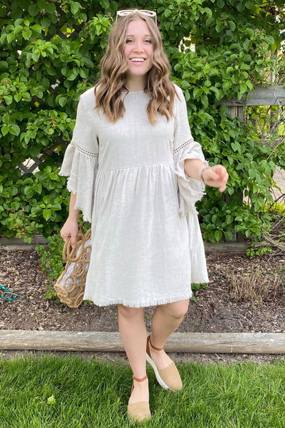 PinkBlush Beige Raw Edge Bell Sleeve Babydoll Dress