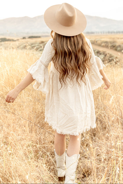 PinkBlush Beige Raw Edge Bell Sleeve Babydoll Dress