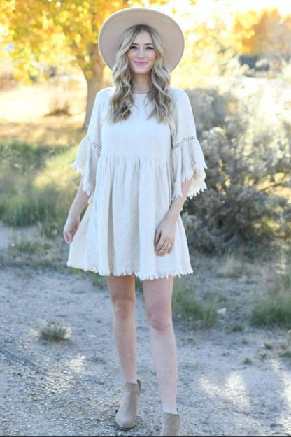 PinkBlush Beige Raw Edge Bell Sleeve Babydoll Dress