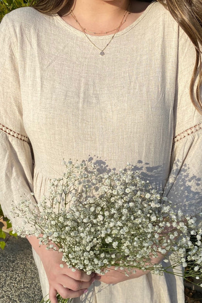 PinkBlush Beige Raw Edge Bell Sleeve Babydoll Dress