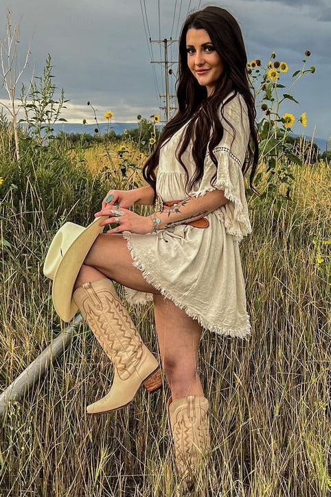 PinkBlush Beige Raw Edge Bell Sleeve Babydoll Dress