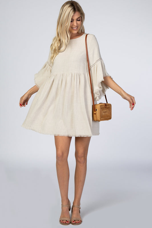 PinkBlush Beige Raw Edge Bell Sleeve Babydoll Dress