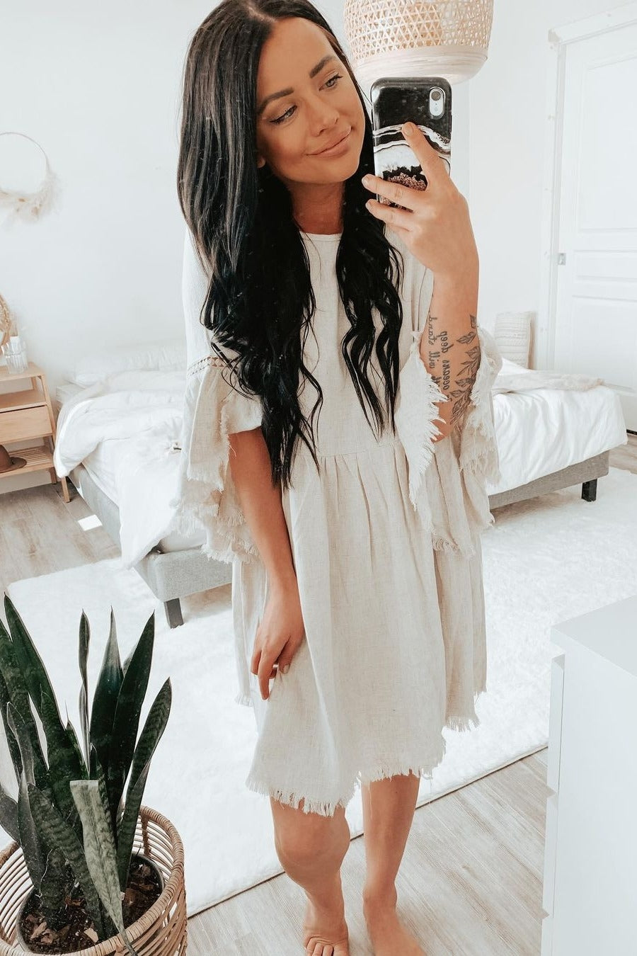 PinkBlush Beige Raw Edge Bell Sleeve Babydoll Dress